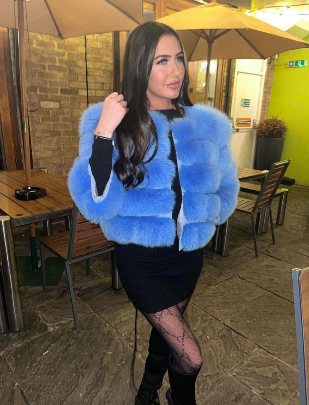 ‘Bubblegum Blue’ Premium 5 Row Cropped Sleeve Fox Fur Coat (10/18 Day Delivery)