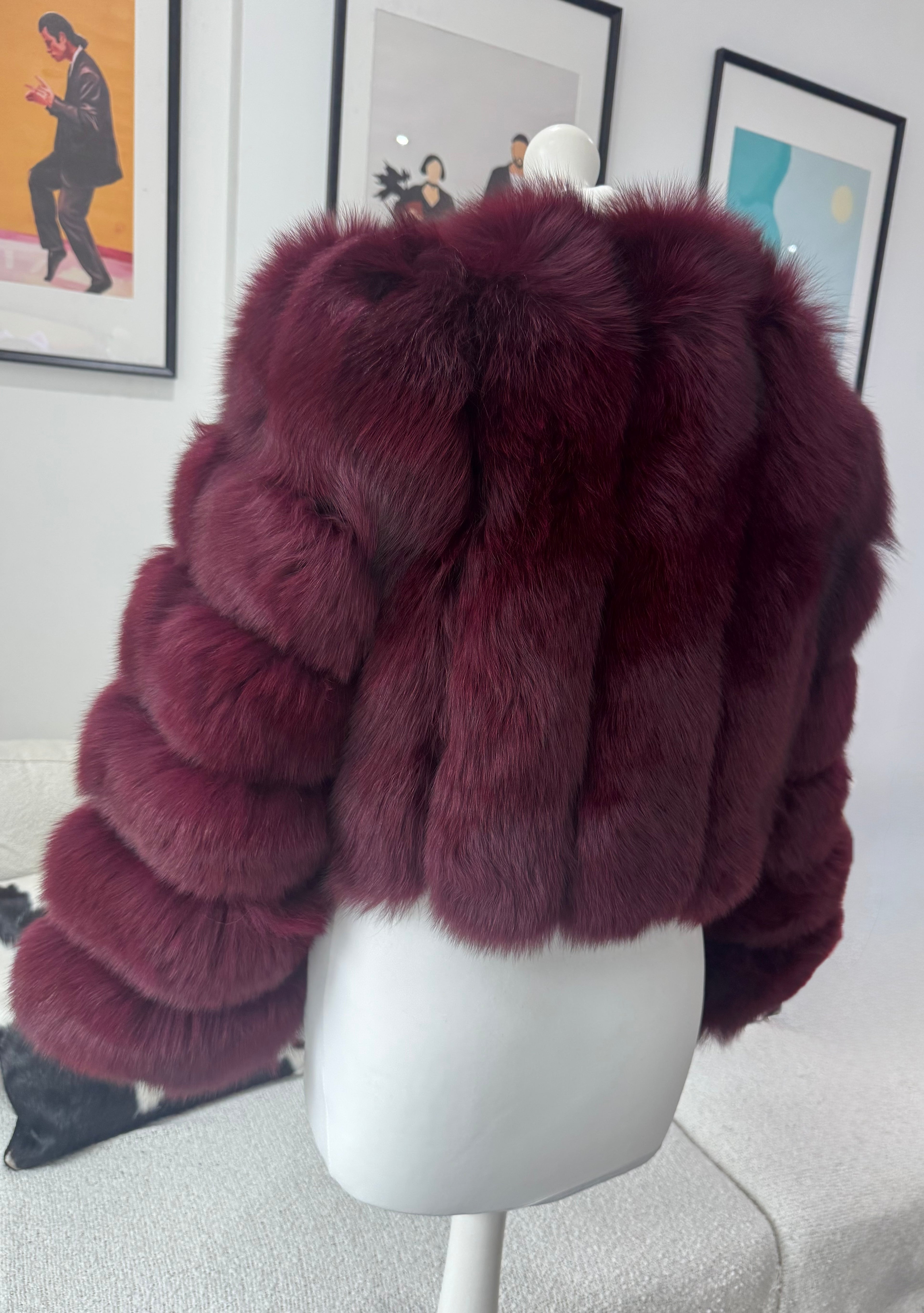 Vertical ‘Cherry Red’ Premium Full Sleeve Fox Fur Coat (10/18 Day Delivery)