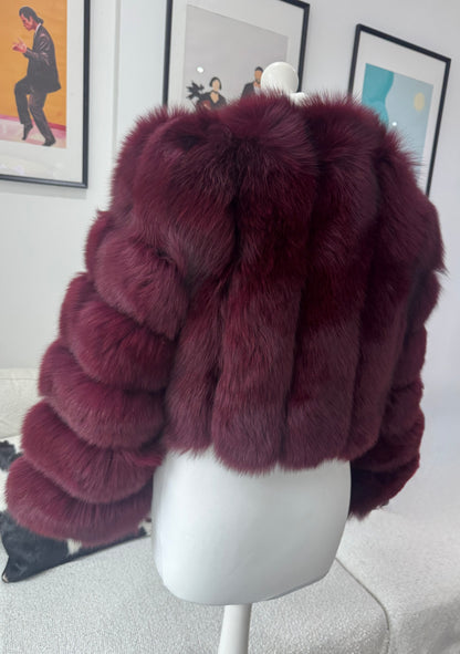 Vertical ‘Cherry Red’ Premium Full Sleeve Fox Fur Coat (10/18 Day Delivery)