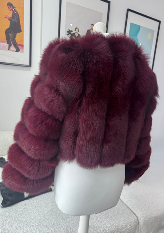 Vertical ‘Cherry Red’ Premium Full Sleeve Fox Fur Coat (10/18 Day Delivery)