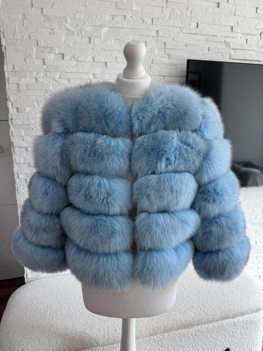‘Powder Blue’ Premium 5 Row Cropped Sleeve Fox Fur Coat (10/18 Day Delivery)