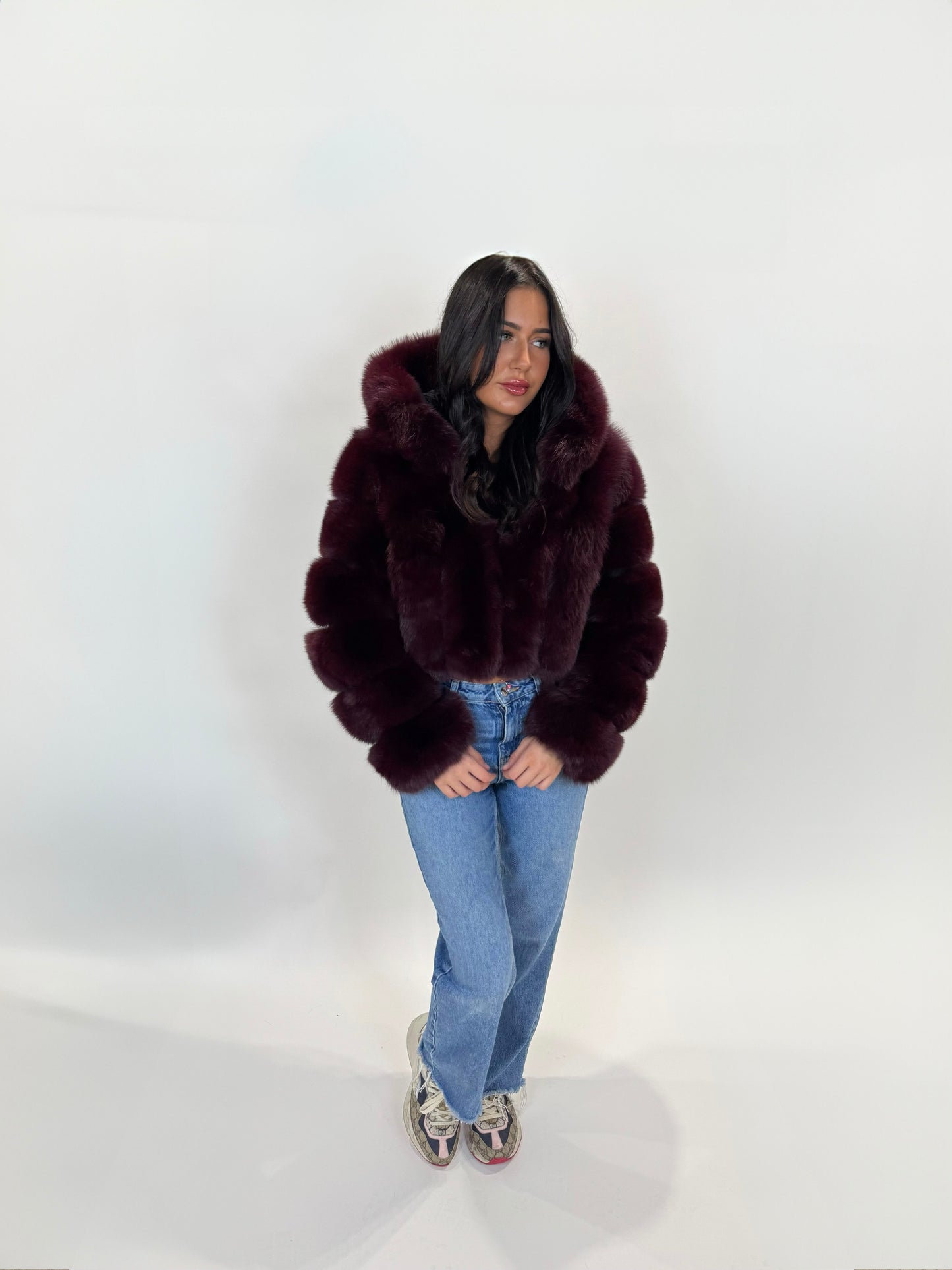 Vertical ‘Cherry Red’ Premium Full Sleeve Fox Fur Coat (10/18 Day Delivery)