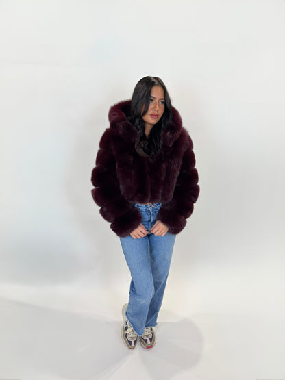 Vertical ‘Cherry Red’ Premium Full Sleeve Fox Fur Coat (10/18 Day Delivery)