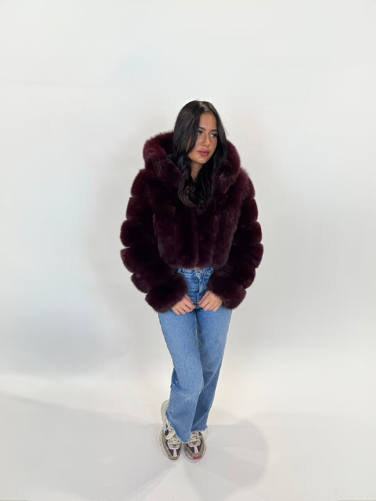 Vertical ‘Cherry Red’ Premium Full Sleeve Fox Fur Coat (10/18 Day Delivery)