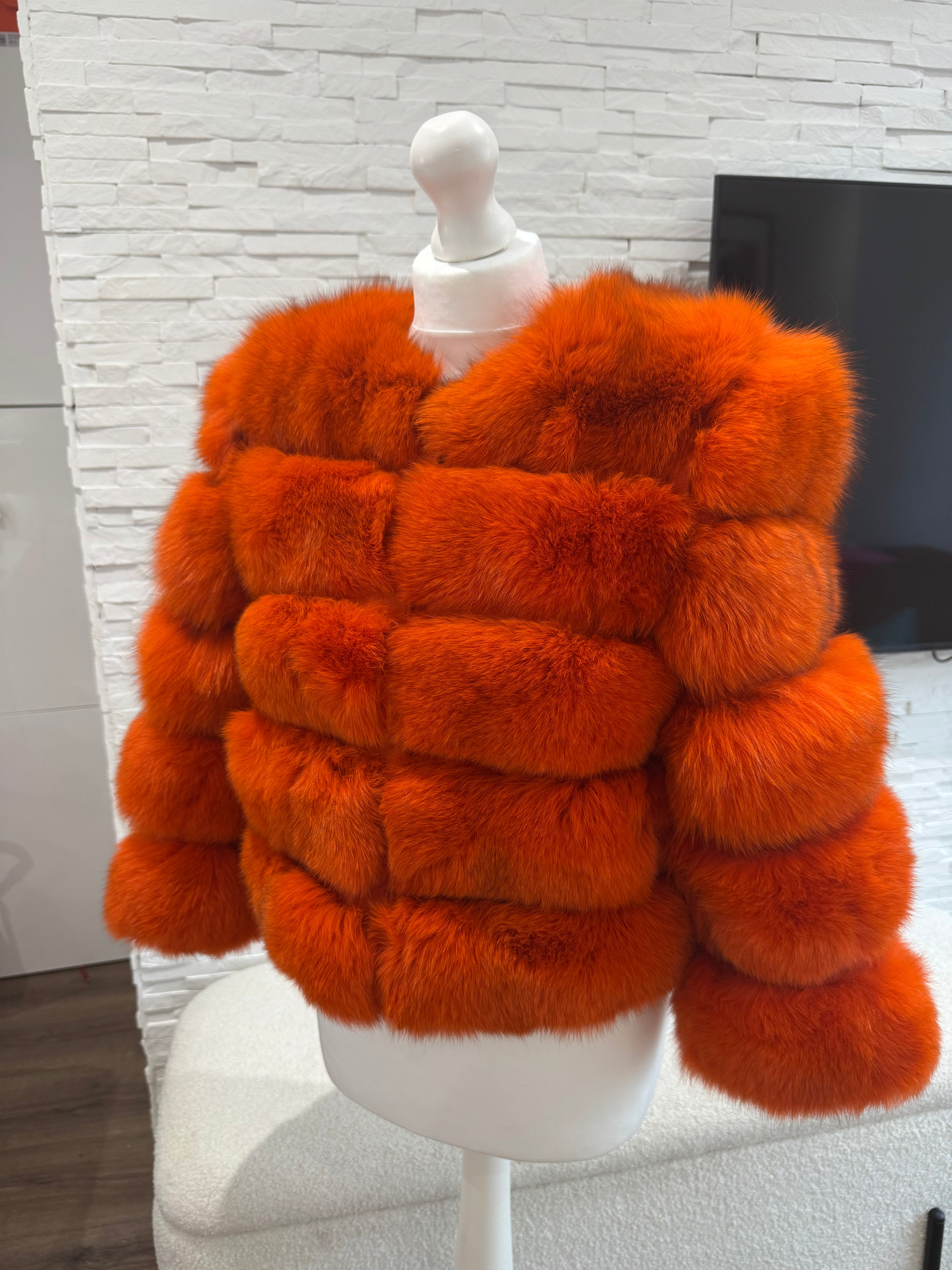 ‘Orange’ Premium 5 Row Cropped Sleeve Fox Fur Coat (10/18 Day Delivery)
