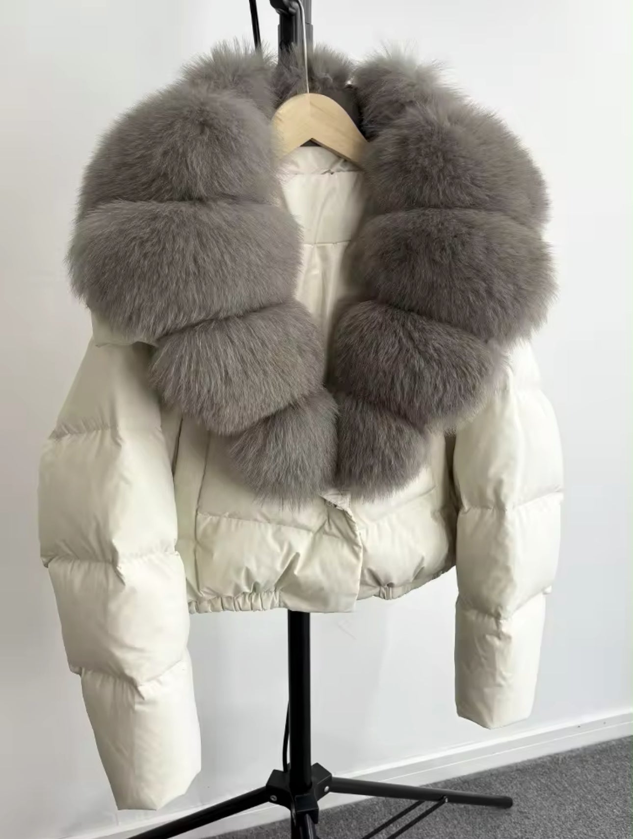 ‘Rosalina’ Real Fox Fur Collar Cropped Body Puffer Jacket