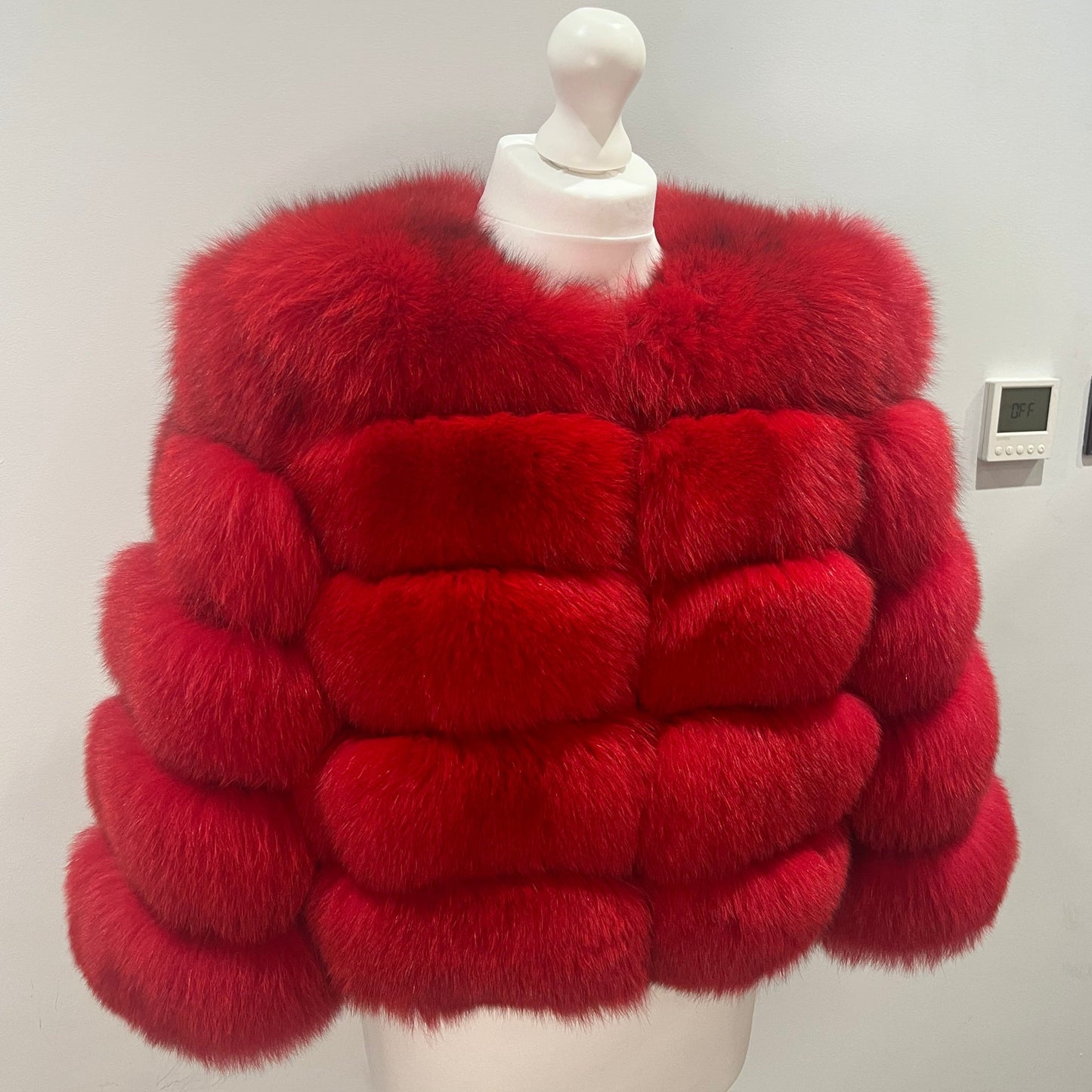 'Red’ Premium 5 Row Cropped Sleeve Fox Fur Coat (10/18 Day Delivery)