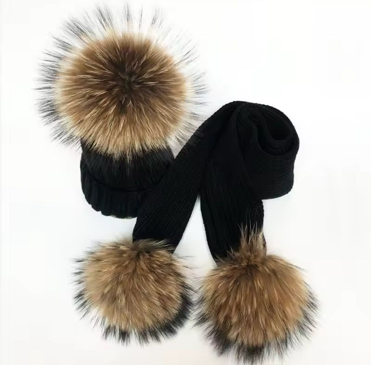 Adults Genuine Raccoon Fur Hat & Scarf Set (1/2 Week Delivery)