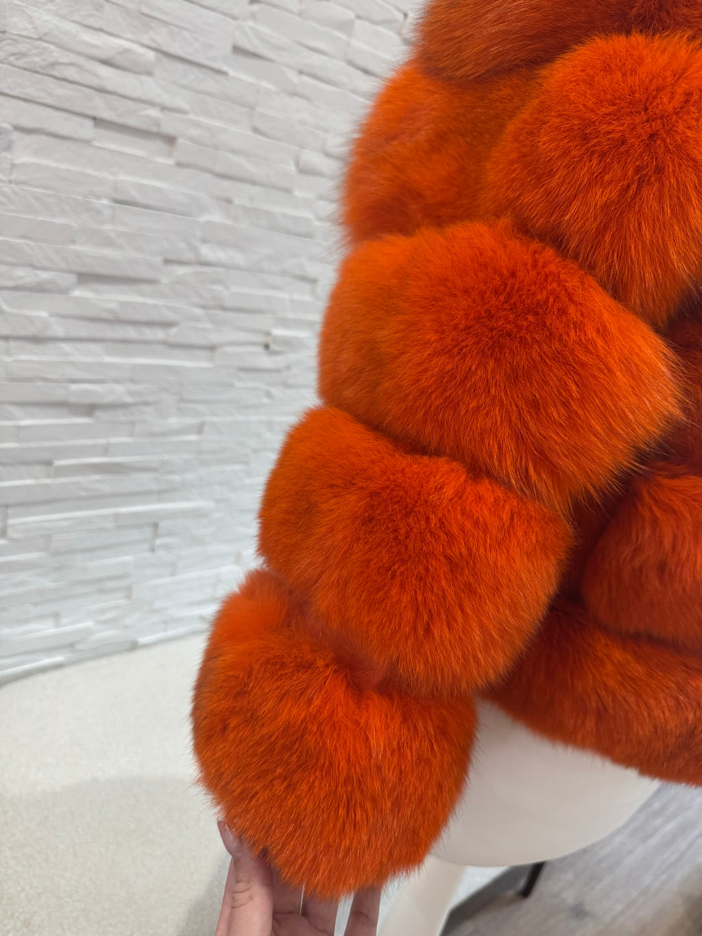 ‘Orange’ Premium 5 Row Cropped Sleeve Fox Fur Coat (10/18 Day Delivery)