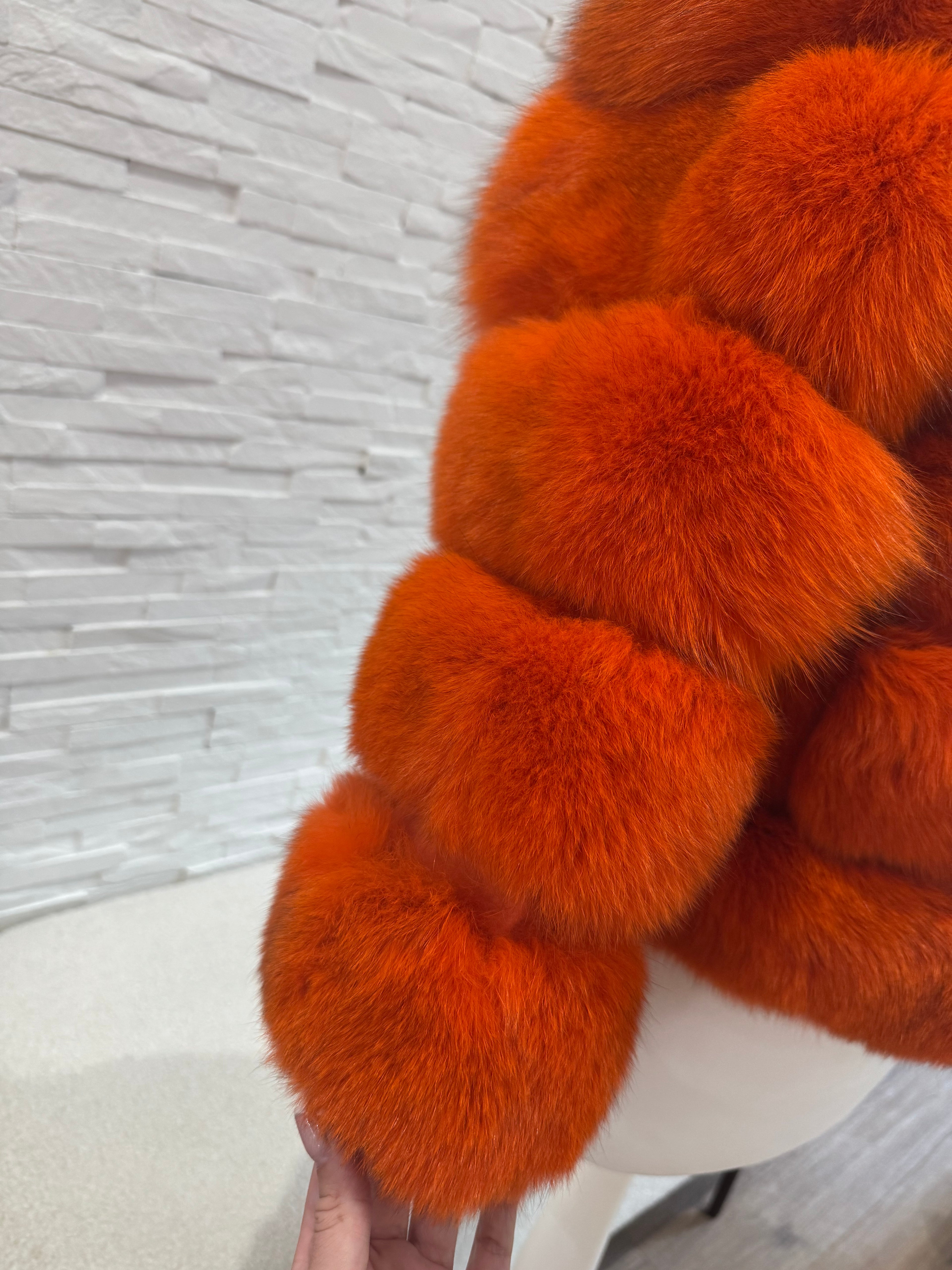 ‘Orange’ Premium 5 Row Cropped Sleeve Fox Fur Coat (10/18 Day Delivery)