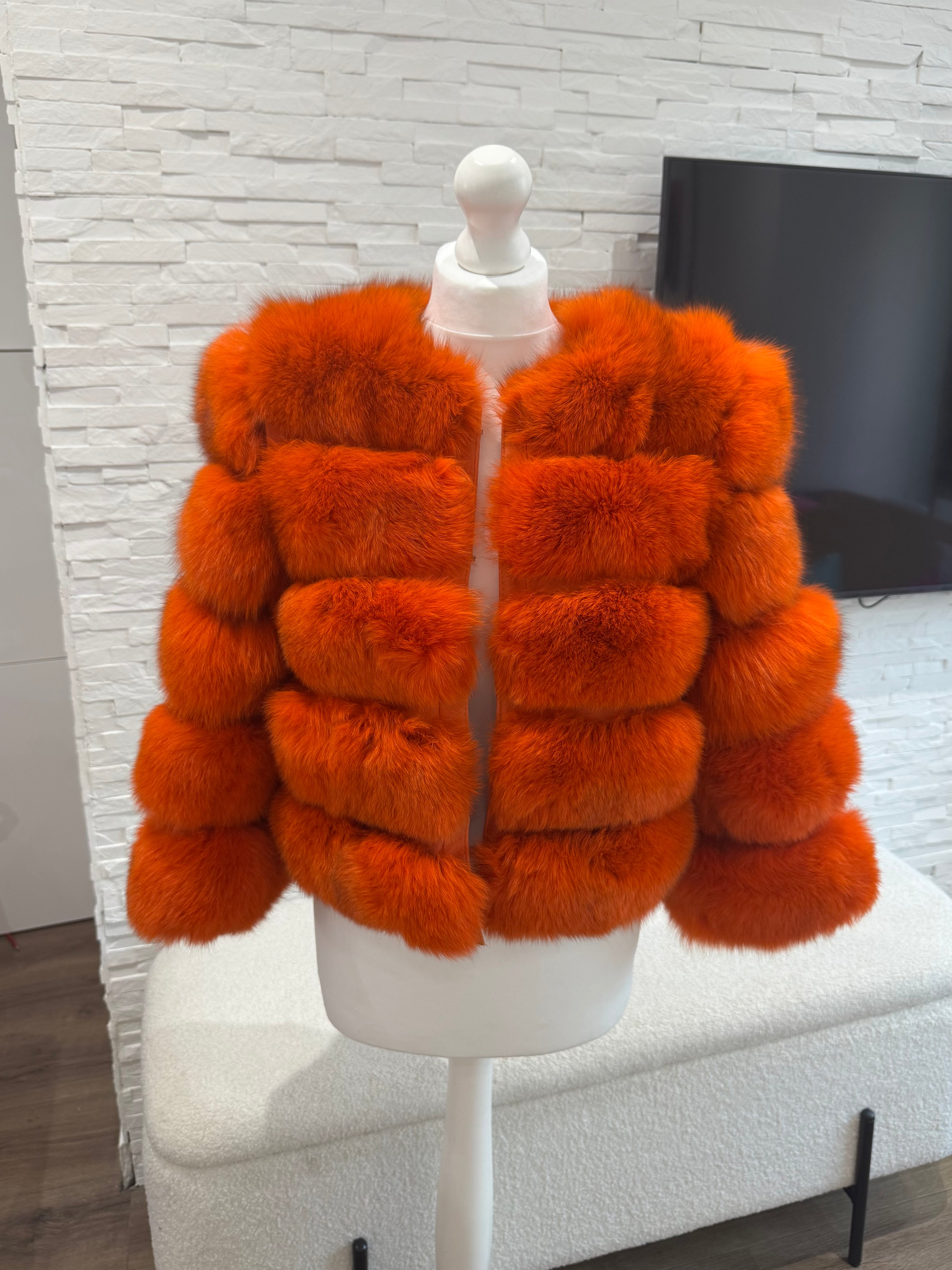 ‘Orange’ Premium 5 Row Cropped Sleeve Fox Fur Coat (10/18 Day Delivery)