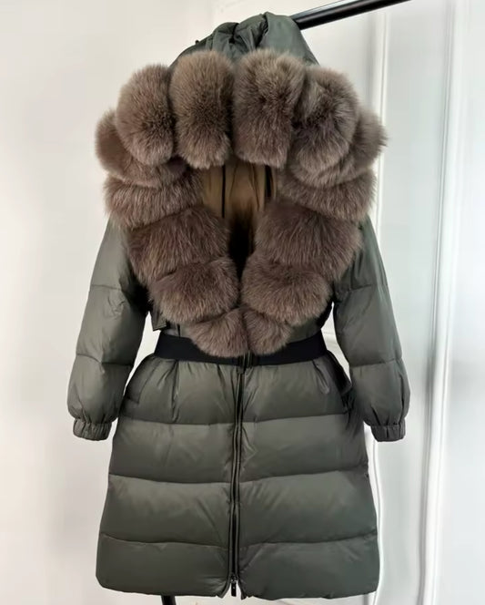 ‘Annalise’ Long Belted Hooded Fox Fur Puffer Jacket