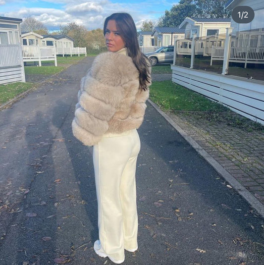 ‘Beige’ Premium 5 Row Cropped Sleeve Fox Fur Coat UK 4/6/8 2in1 READY TO SEND