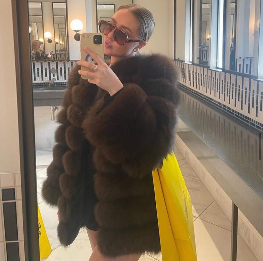 ‘Deep Camel’ Premium 8 Row Full Sleeve Fox Fur Coat (10/18 Day Delivery)
