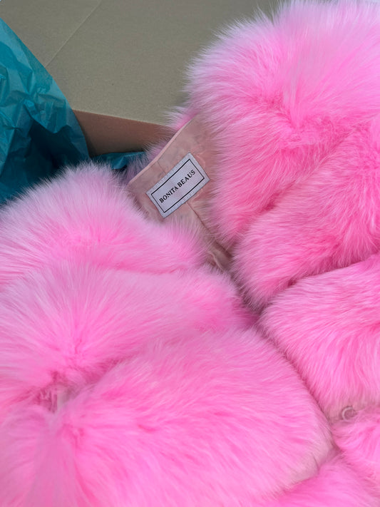 ‘Candy Floss Pink’ Premium 8 Row Full Sleeve Fox Fur Coat (10/18 Day Delivery)