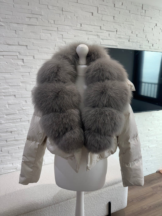 ‘Rosalina’ Cropped Cream+Grey Fox Fur Puffer (1/3 DAY DELIVERY)