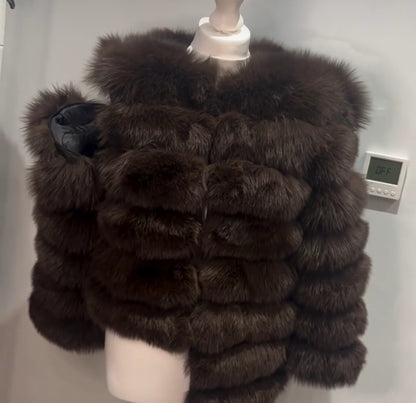 ‘Beige’ Premium 8 Row Full Sleeve Fox Fur Coat (10/18 Day Delivery)