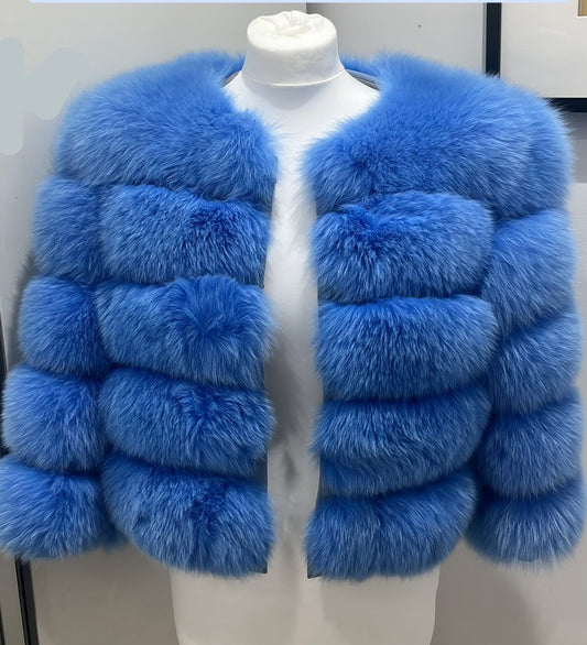 ‘Bubblegum Blue’ Premium 5 Row Cropped Sleeve Fox Fur Coat (10/18 Day Delivery)