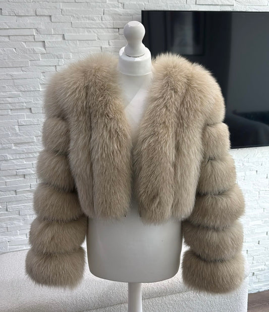 Vertical ‘Beige’ Premium Full Sleeve Fox Fur Coat (10/18 Day Delivery)