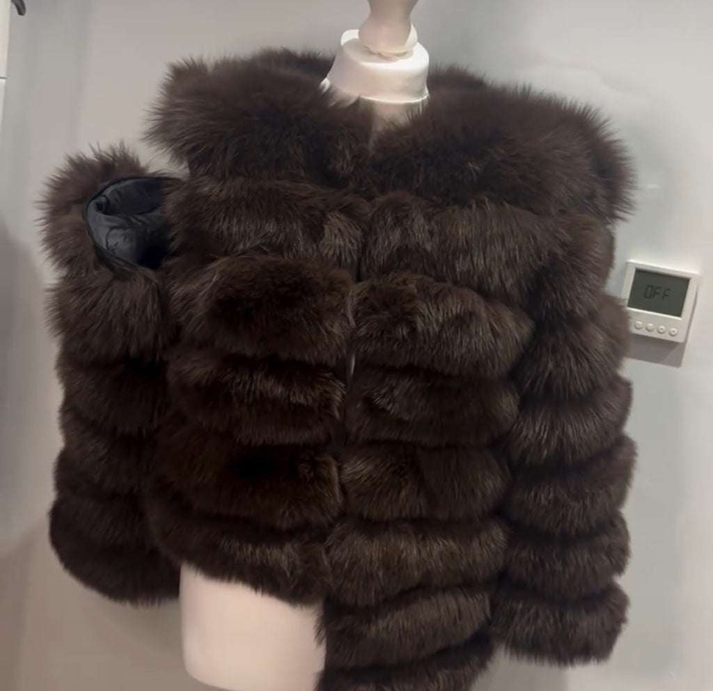 ‘Lightest Grey’ Premium 8 Row Full Sleeve Fox Fur Coat (10/18 Day Delivery)