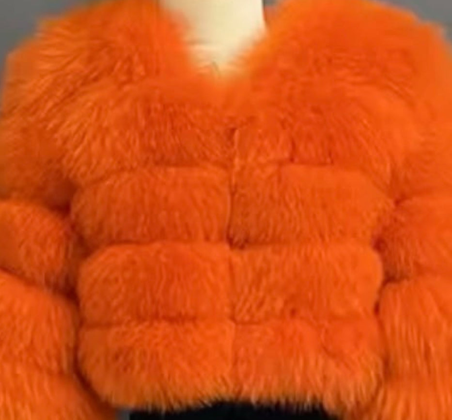 ‘Orange’ Premium 5 Row Cropped Sleeve Fox Fur Coat (10/18 Day Delivery)