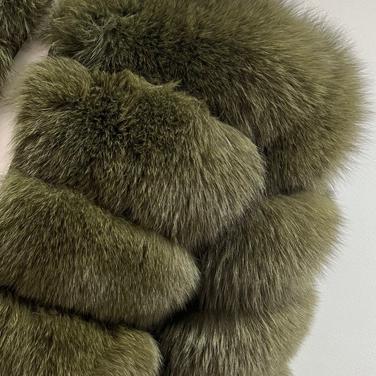 ’Khaki Green’ Premium Hooded Full Sleeve Fox Fur Coat (10/18 Day Delivery)