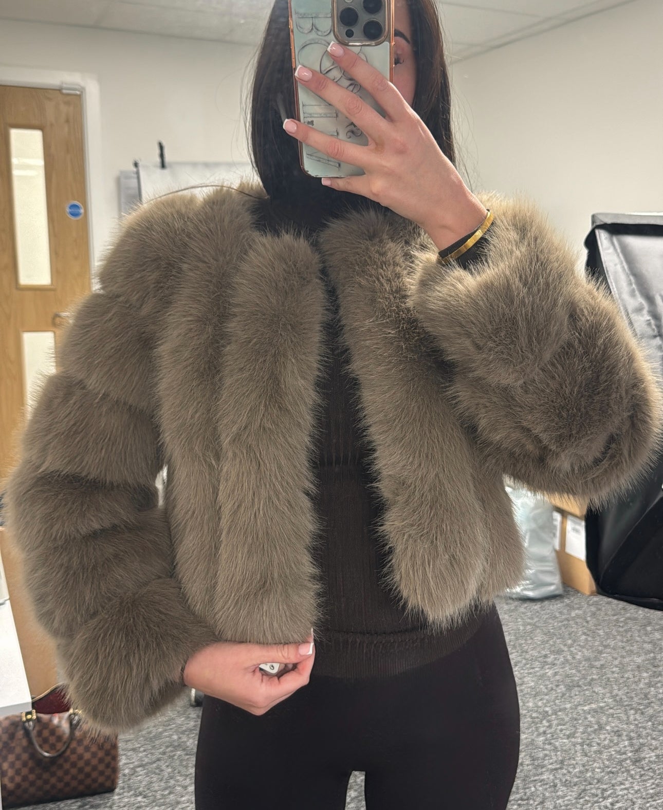 Coffee Vertical Full Sleeve Faux Fur Coat READY TO SEND UK 6/8