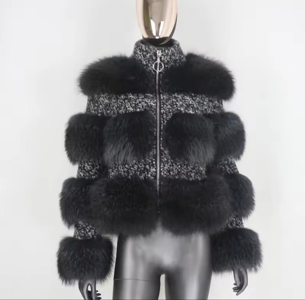 Raccoon x Tweed Fur Jacket