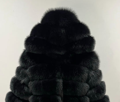 ‘Black’ Premium Hooded Full Sleeve Fox Fur Coat (10/18 Day Delivery)