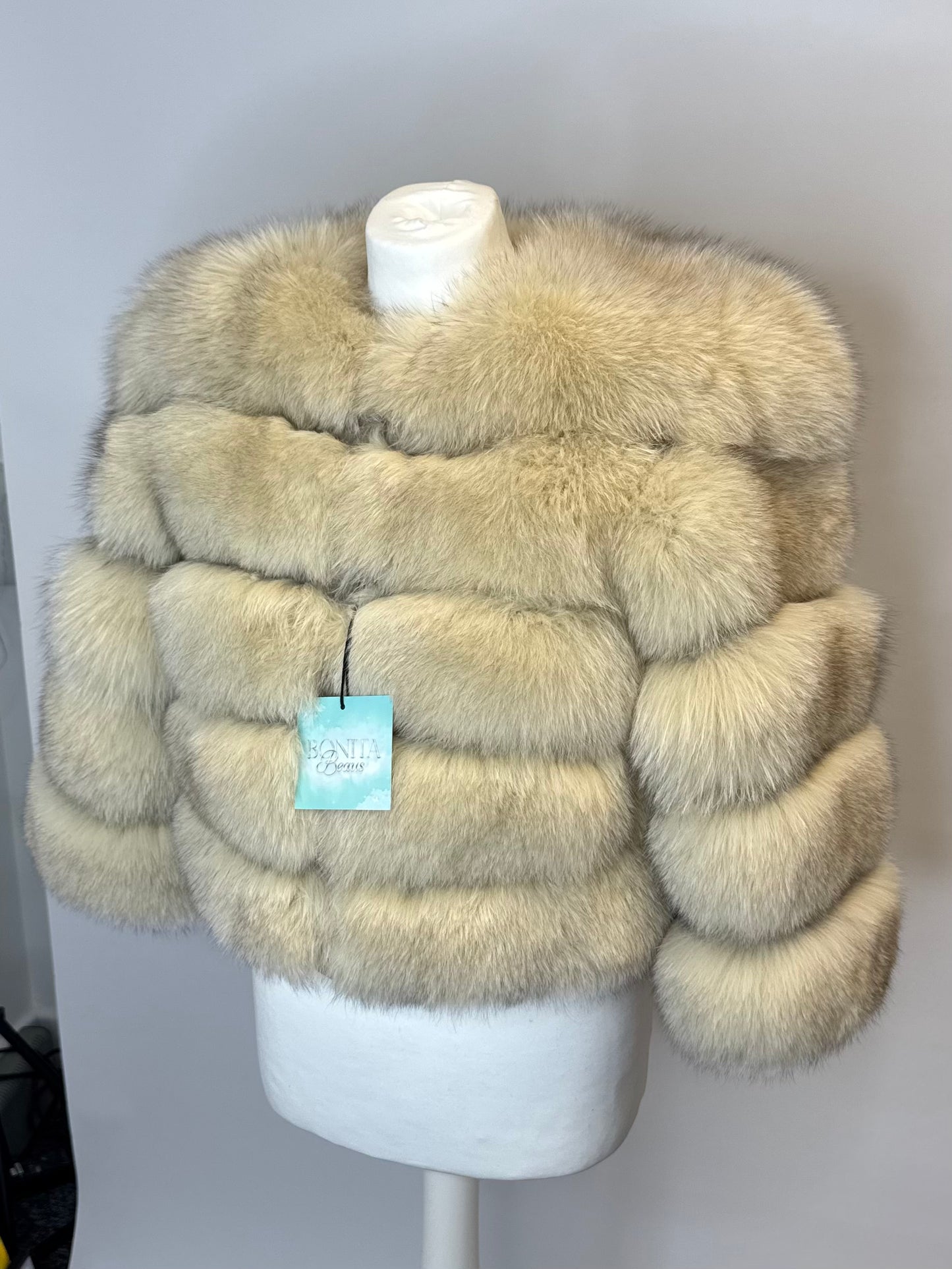 ‘Beige’ Premium 5 Row Cropped Sleeve Fox Fur Coat UK 4/6/8 2in1 READY TO SEND