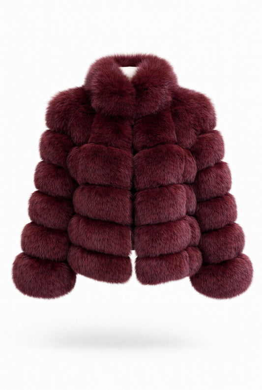 ‘Cherry Red’ Premium 6 Row Checkered Fox Fur Coat