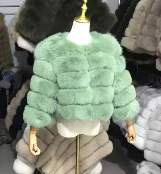 ‘Matcha Green’ Premium 5 Row Cropped Sleeve Fox Fur Coat (10/18 Day Delivery)