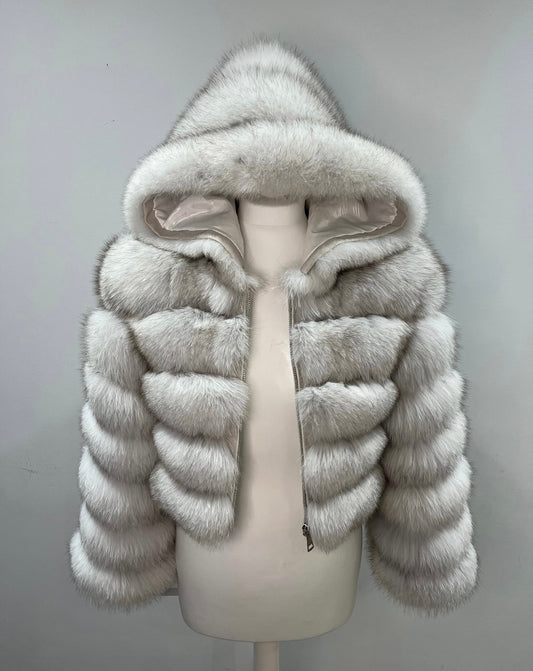 ‘Frost White’ Premium Hooded Full Sleeve Fox Fur Coat (10/18 Day Delivery)