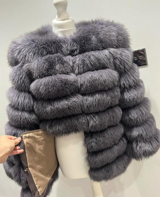 ‘Medium Grey’ Premium 8 Row Full Sleeve Fox Fur Coat (10/18 Day Delivery)