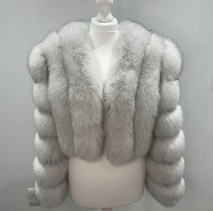 Vertical ‘Frost White’ Premium Full Sleeve Fox Fur Coat (10/18 Day Delivery)