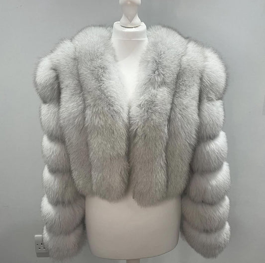 Vertical ‘Frost White’ Premium Full Sleeve Fox Fur Coat (10/18 Day Delivery)