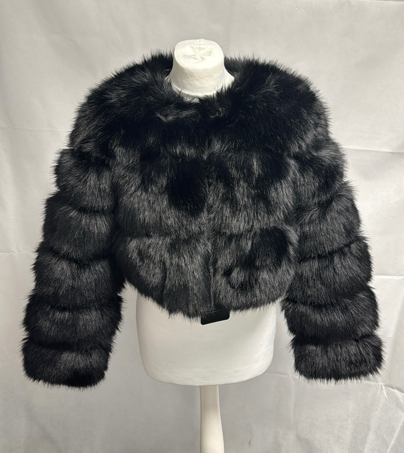 ‘Black’ Extreme Cropped Body 3 Row Faux Fur Coat READY TO SEND UK 8/10