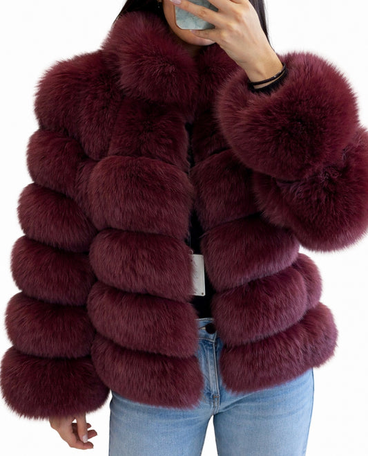 ‘Cherry Red’ Premium 6 Row Checkered Fox Fur Coat
