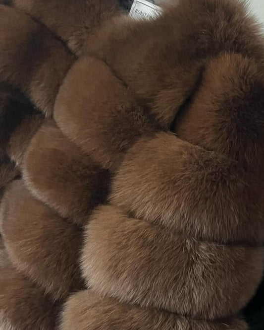 Vertical ‘Chocolate Brown’ Premium Full Sleeve Fox Fur Coat (10/18 Day Delivery)