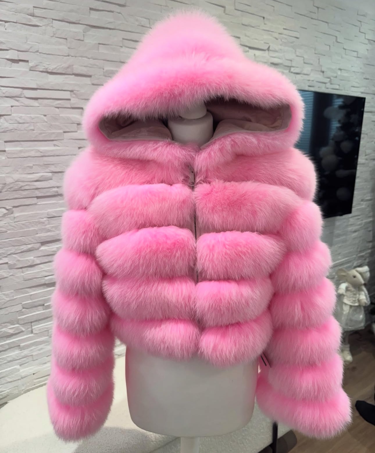 ‘Candyfloss Pink’ Premium Hooded Full Sleeve Fox Fur Coat (10/18 Day Delivery)