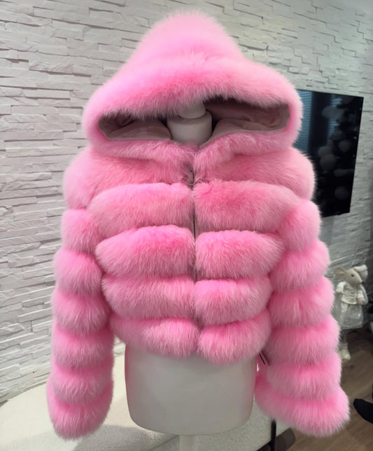 ‘Candyfloss Pink’ Premium Hooded Full Sleeve Fox Fur Coat (10/18 Day Delivery)