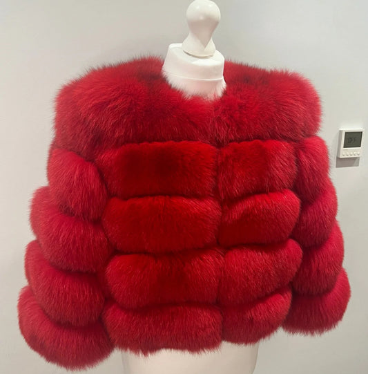 ‘Red’ Premium Cropped Sleeve Fox Fur Coat UK 12 (1 Day Delivery)