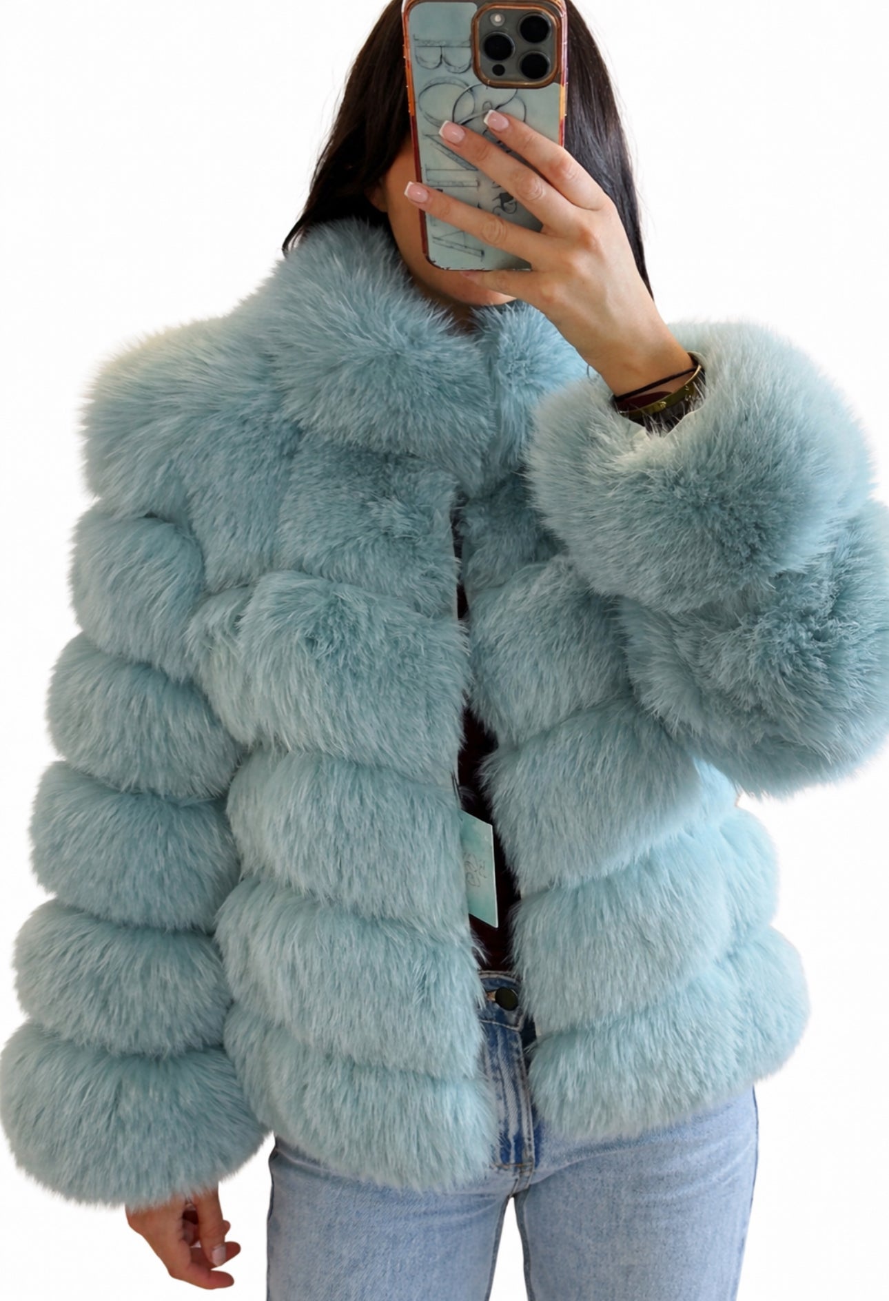 ‘Ice Blue’ Premium 6 Row Checkered Fox Fur Coat (75cm-87cm Ready To Send)