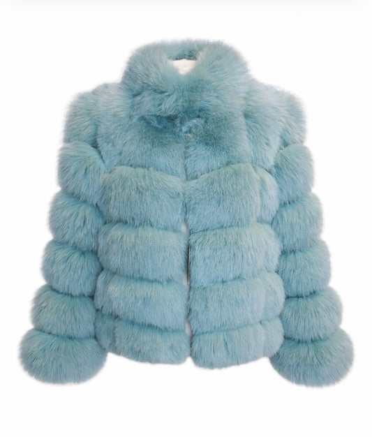 ‘Ice Blue’ Premium 6 Row Checkered Fox Fur Coat