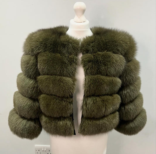 ‘Khaki’ Premium 5 Row Cropped Sleeve Fox Fur Coat (10/18 Day Delivery)