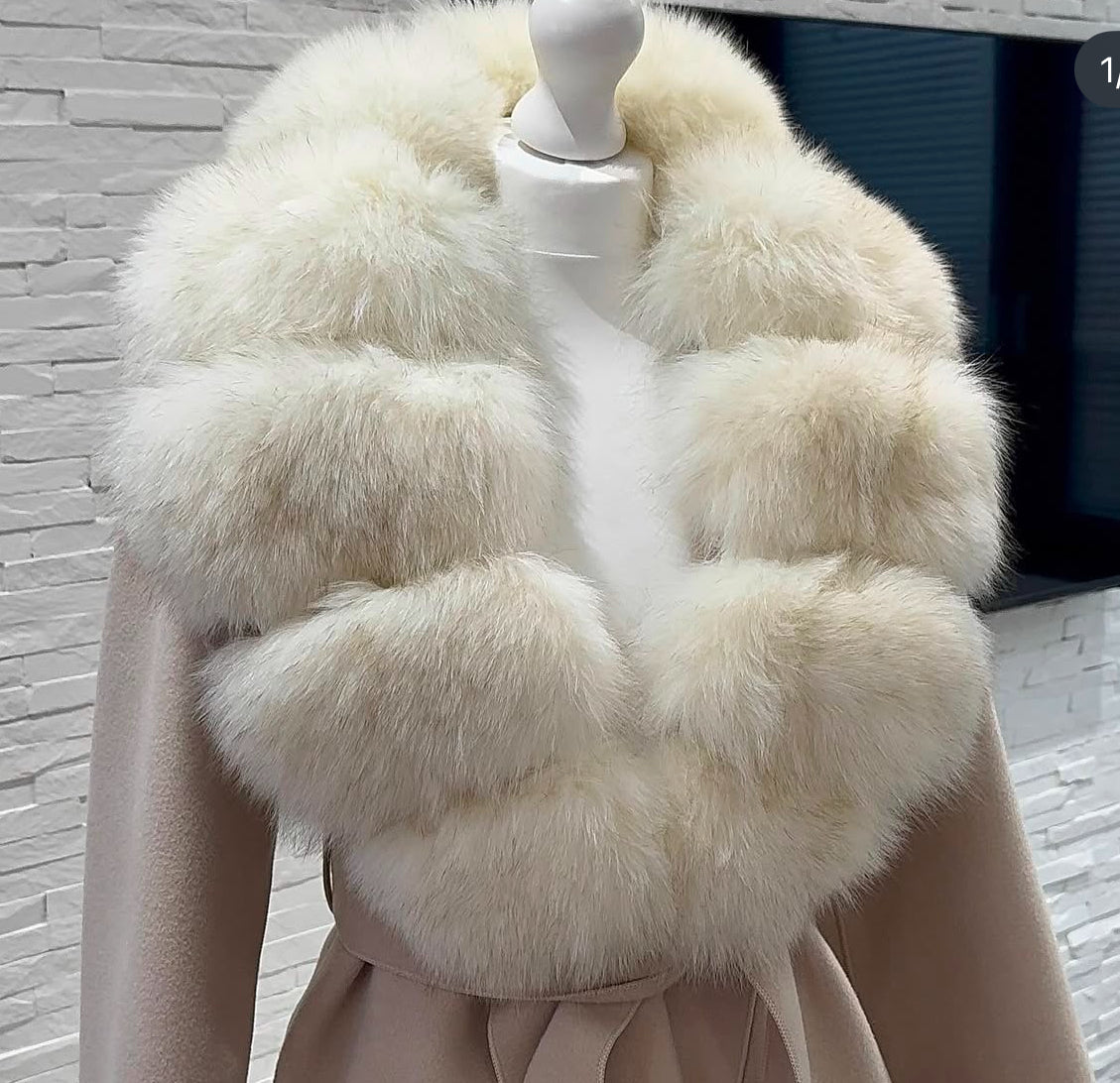 ‘Dolcie’ Cream Long Fox Fur Trim Coat (1/2 Day Delivery)