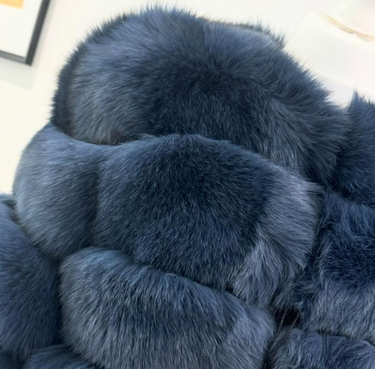 ‘Navy Blue’ Premium 8 Row Full Sleeve Fox Fur Coat (10/18 Day Delivery)