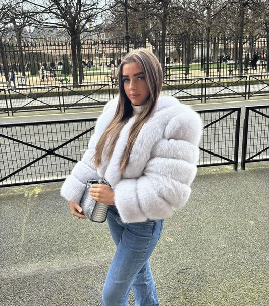 Vertical ‘Frost White’ Premium Full Sleeve Fox Fur Coat (10/18 Day Delivery)
