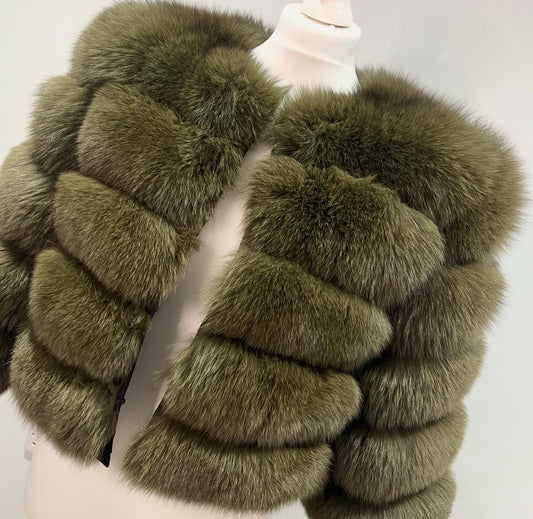 ‘Khaki’ Premium 5 Row Cropped Sleeve Fox Fur Coat (10/18 Day Delivery)