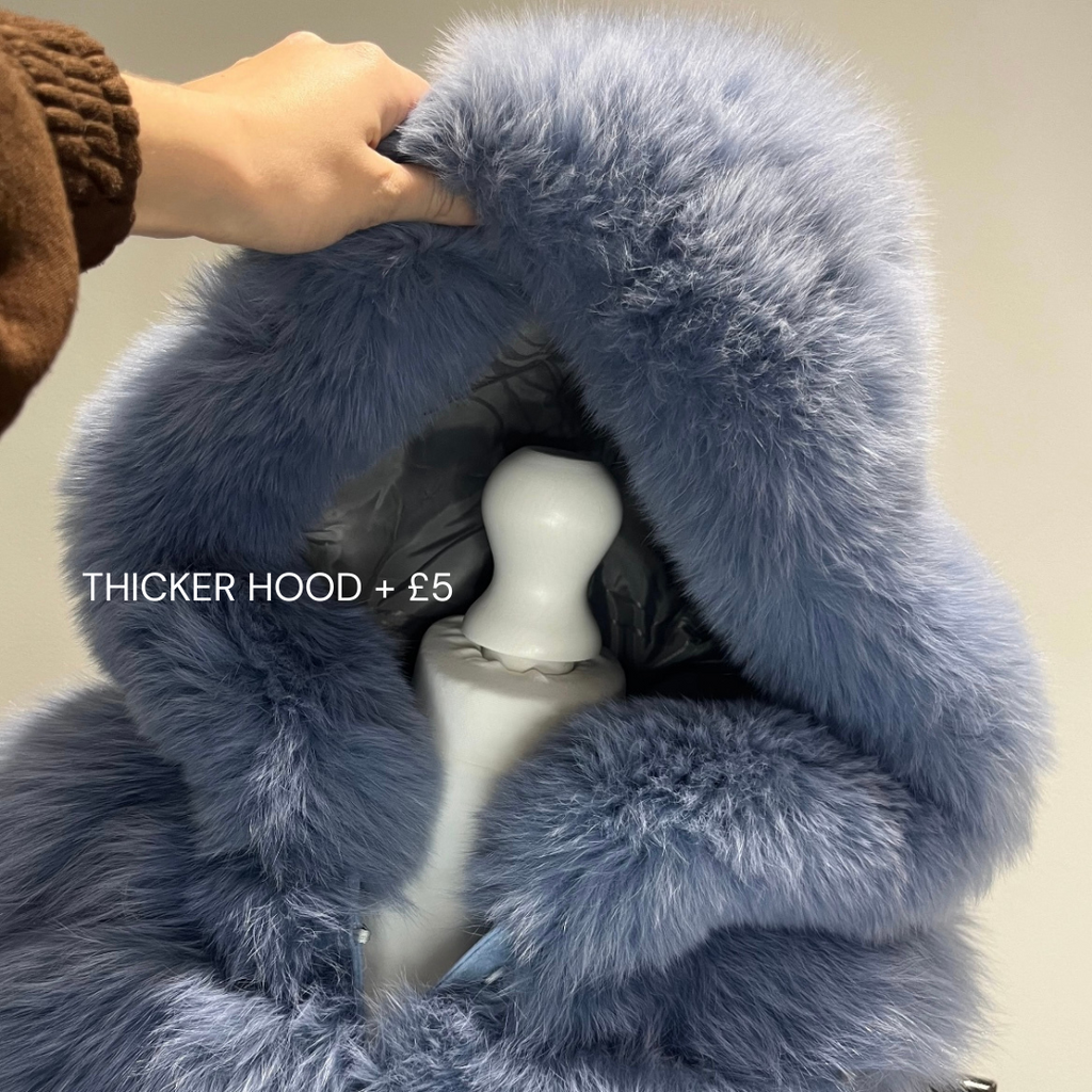 ‘Frost White’ Premium Hooded Full Sleeve Fox Fur Coat (10/18 Day Delivery)